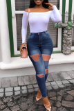 Light Blue Fashion Casual Solid Ripped High Waist Skinny Jeans