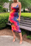 Red Sexy Patchwork Tie-dye Spaghetti Strap Pencil Skirt Dresses