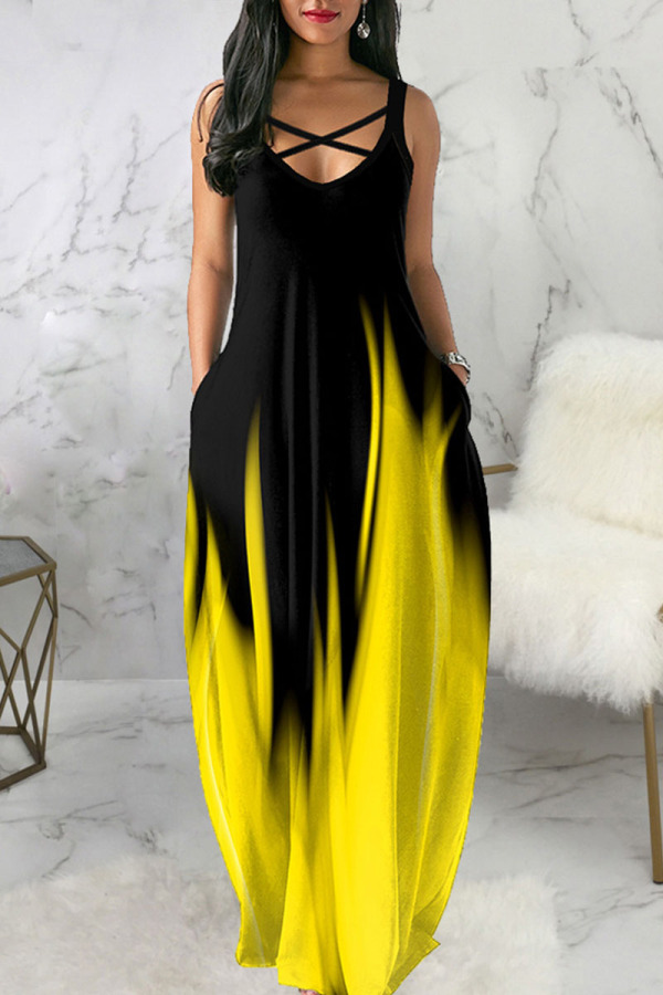 Black Yellow Sexy Gradual Change Print Patchwork U Neck Sling Dress Dresses