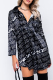 Black Casual Letter Print Patchwork Buckle Turndown Collar Tops