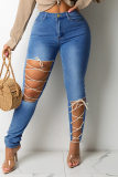 Light Blue Fashion Casual Solid Bandage Hollowed Out High Waist Skinny Jeans