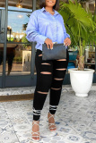Black Fashion Casual Solid Ripped High Waist Regular Jeans