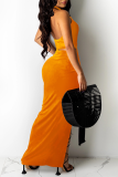 Orange Sexy Solid Hollowed Out Halter Sleeveless Two Pieces