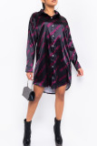 Purple Casual Letter Print Patchwork Buckle Turndown Collar Tops