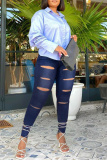 Black Fashion Casual Solid Ripped High Waist Regular Jeans