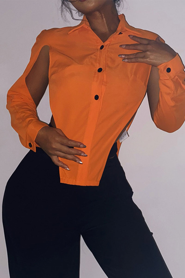Orange Sexy Solid Hollowed Out Patchwork Slit Asymmetrical Turndown Collar Tops