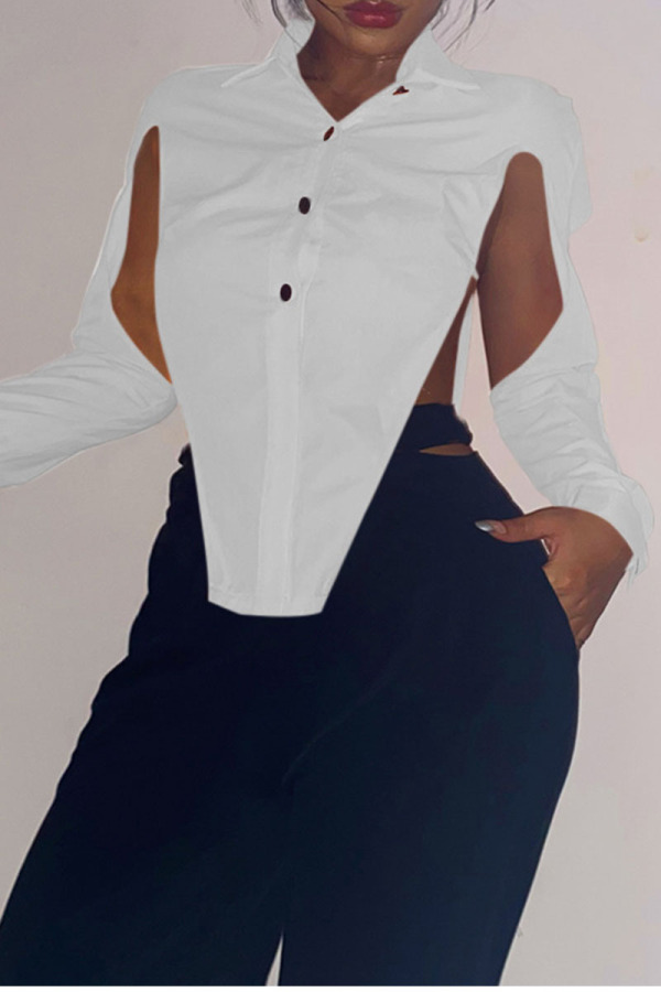 White Sexy Solid Hollowed Out Patchwork Slit Asymmetrical Turndown Collar Tops