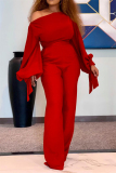 Red Fashion Casual Solid Bandage Oblique Collar Regular Jumpsuits