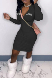 Black Fashion Casual Letter Embroidered Zipper Collar Long Sleeve Dresses