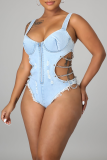 Light Blue Sexy Solid Hollowed Out Split Joint Chains Swimwears