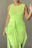 Green Sexy Mesh O Neck Pencil Skirt Dresses