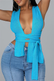 Blue Fashion Sexy Solid Bandage Square Collar Tops