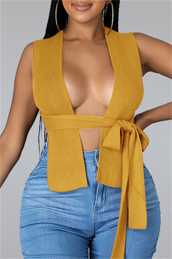 Yellow Fashion Sexy Solid Bandage Square Collar Tops