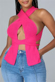 Rose Red Fashion Sexy Solid Bandage Square Collar Tops