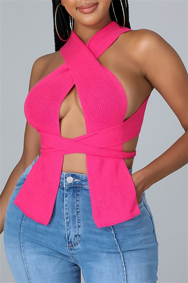 Rose Red Fashion Sexy Solid Bandage Square Collar Tops