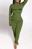 Fruit Green Fashion Casual Letter Print Basic Turtleneck Long Sleeve Two Pieces