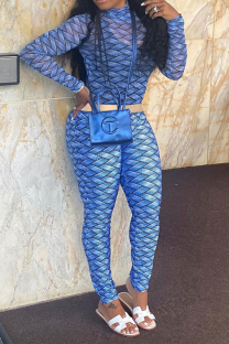 Blue Sexy Print Split Joint Half A Turtleneck Long Sleeve Two Pieces
