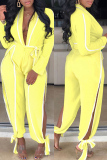 Yellow Fashion Patchwork Solid Bandage Hollowed Out With Belt V Neck Regular Jumpsuits