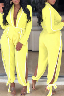 Yellow Fashion Patchwork Solid Bandage Hollowed Out With Belt V Neck Regular Jumpsuits