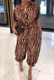 Coffee Casual Print Patchwork Buckle Turndown Collar Loose Jumpsuits