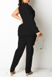 Black Work Solid Split Joint With Belt V Neck Long Sleeve Two Pieces