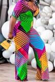 Multi-color Fashion Casual Print Basic V Neck Regular Jumpsuits