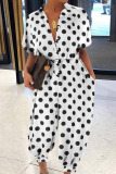 Black White Casual Print Patchwork Buckle Turndown Collar Loose Jumpsuits