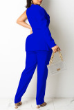 Blue Work Solid Split Joint With Belt V Neck Long Sleeve Two Pieces