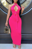 Rose Red Sexy Solid Hollowed Out Halter Pencil Skirt Dresses