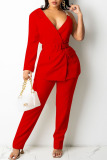 Red Work Solid Split Joint With Belt V Neck Long Sleeve Two Pieces