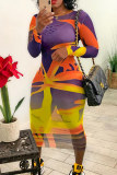 Multicolor Fashion Casual Print See-through O Neck Long Sleeve Dresses