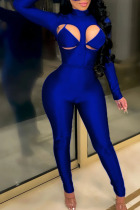 Royal Blue Sexy Solid Hollowed Out Split Joint Half A Turtleneck Long Sleeve Two Pieces