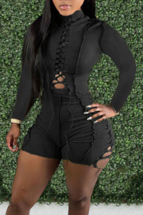 Black Sexy Solid Hollowed Out Patchwork Frenulum Half A Turtleneck Skinny Rompers