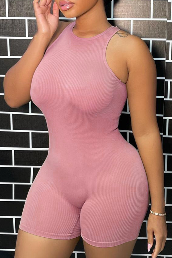 Pink Sexy Solid Patchwork Halter Skinny Jumpsuits