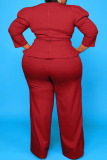 Burgundy Casual Solid Bandage Split Joint O Neck Plus Size Two Pieces