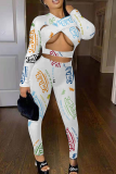 White Sexy Print Hollowed Out O Neck Long Sleeve Two Pieces