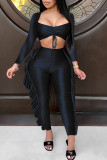 Black Sexy Solid Patchwork Flounce Square Collar Long Sleeve Two Pieces