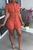 Tangerine Red Sexy Solid Hollowed Out Half A Turtleneck Skinny Rompers