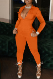 Orange Fashion Casual Solid Basic Turndown Collar Skinny Jumpsuits