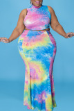 Ink Green Sexy Print Tie Dye Patchwork Fold Half A Turtleneck Trumpet Mermaid Plus Size Two Pieces