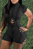 Black Sexy Solid Hollowed Out Half A Turtleneck Skinny Rompers