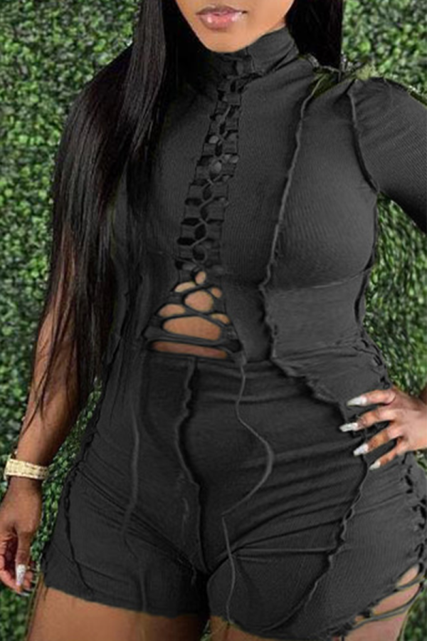 Black Sexy Solid Hollowed Out Half A Turtleneck Plus Size Jumpsuits