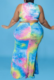 Ink Green Sexy Print Tie Dye Patchwork Fold Half A Turtleneck Trumpet Mermaid Plus Size Two Pieces