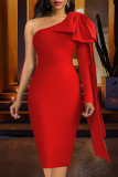 Tangerine Red Sexy Solid Patchwork One Shoulder Pencil Skirt Dresses