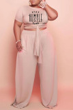 White Casual Letter Print Bandage Split Joint O Neck Plus Size Two Pieces