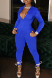Blue Fashion Casual Solid Basic Turndown Collar Skinny Jumpsuits