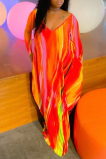 Red Fashion Casual Print Basic V Neck Long Sleeve Dresses