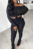 Black Sexy Solid Patchwork One Shoulder Long Sleeve Two Pieces