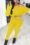 Yellow Sexy Solid Patchwork One Shoulder Long Sleeve Two Pieces