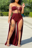 Burgundy Sexy Solid Hollowed Out Strapless Sleeveless Two Pieces